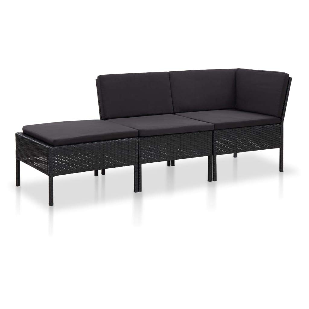 vidaXL 3-Piece All-Weather Black Poly Rattan Garden Lounge Set with Cushions - Outdoor Patio Furniture Conversation Sofa Set for Backyard, Poolside & Terrace Relaxation