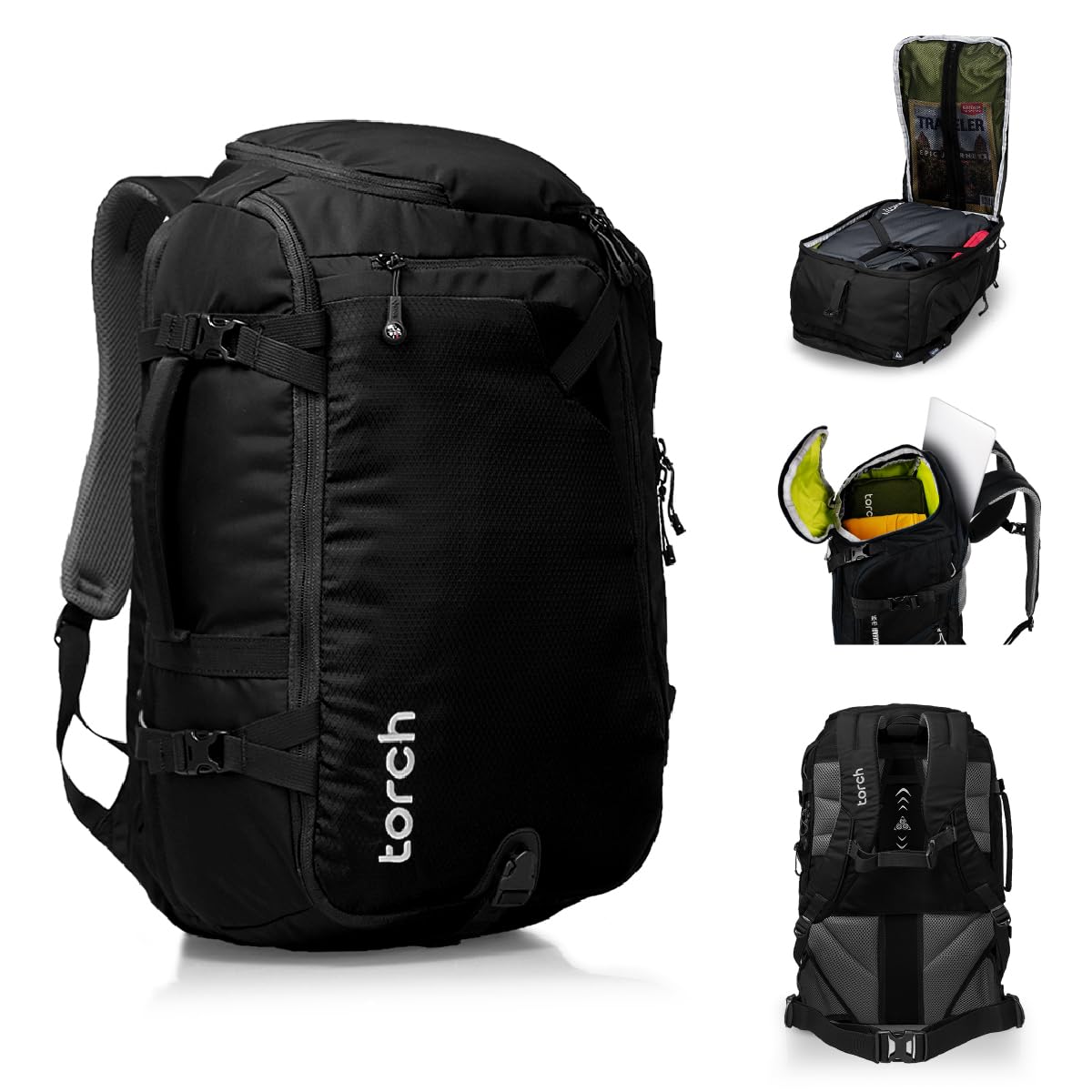 Torch 40L Travel Backpack - Carry On Flight Approved Hiking Backpack with Rain Cover for Work, Camping & Outdoor Adventures - Waterproof & Durable - Perfect for Business Trips, Hiking & Travel (Black)