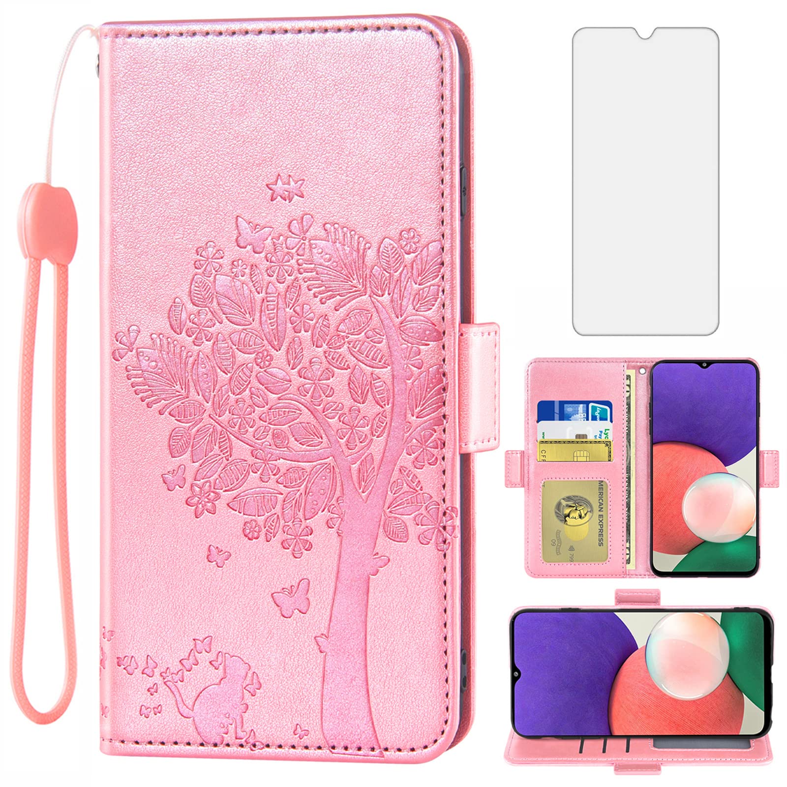 Asuwish Samsung Galaxy A22 5G Wallet Case with Tempered Glass Screen Protector, Flip Cover with Wrist Strap & Credit Card Holder, Stand Function - Rose Gold for Women | Perfect for Daily Use, Travel & Hands-Free Viewing