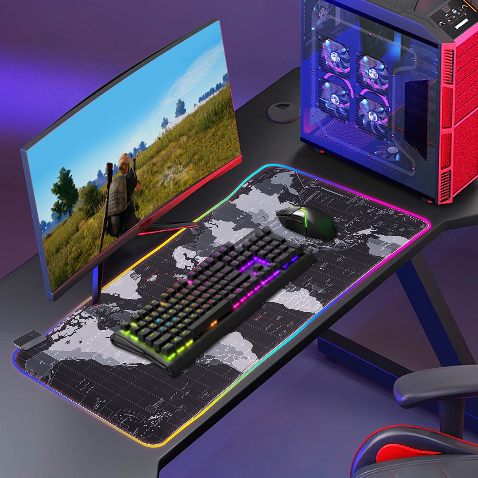 Yoidesu RGB Gaming Mouse Pad - Extra Large Extended LED Mouse Mat with Adjustable Brightness, Anti-Slip Rubber Base & Waterproof Soft Cloth (31.5