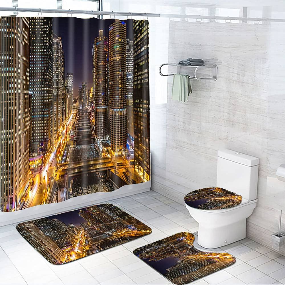 Chicago Skyline 4-Piece Shower Curtain Set - 72x72 Inch Bathroom Decor with Toilet Cover & Floor Mat - Modern Urban Bath Accessories for Home & Apartment Decor (Downtown River View Theme) - Perfect for City-Themed Bathrooms and Gift Ideas