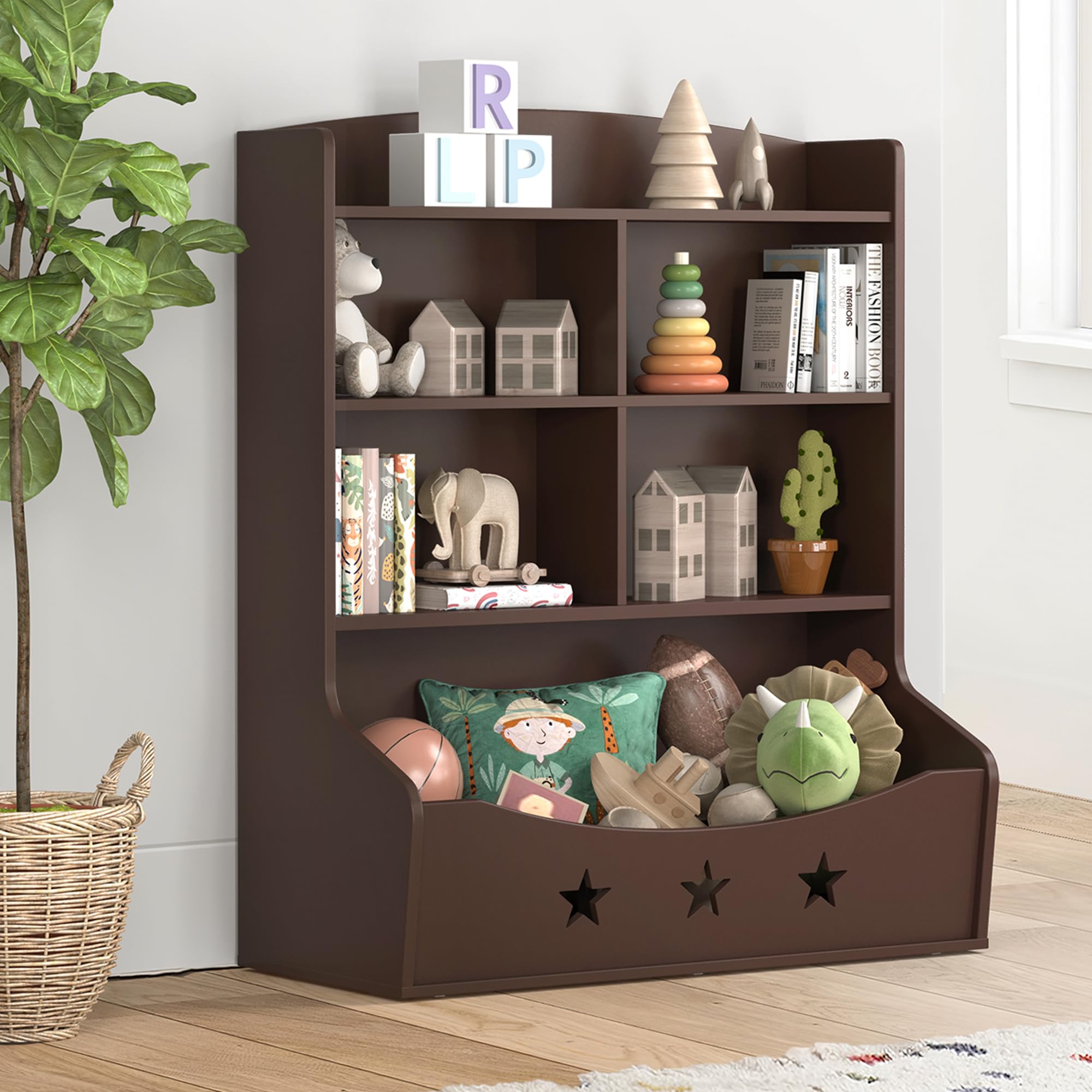 Wooden Kids Bookshelf - 3.5 Tier Bookcase with 5 Cube Storage Units & Star Pattern Design | Nursery, Bedroom, Playroom Organizer for Toys & Books | Durable Toy Storage Cabinet for Children's Rooms (Brown)