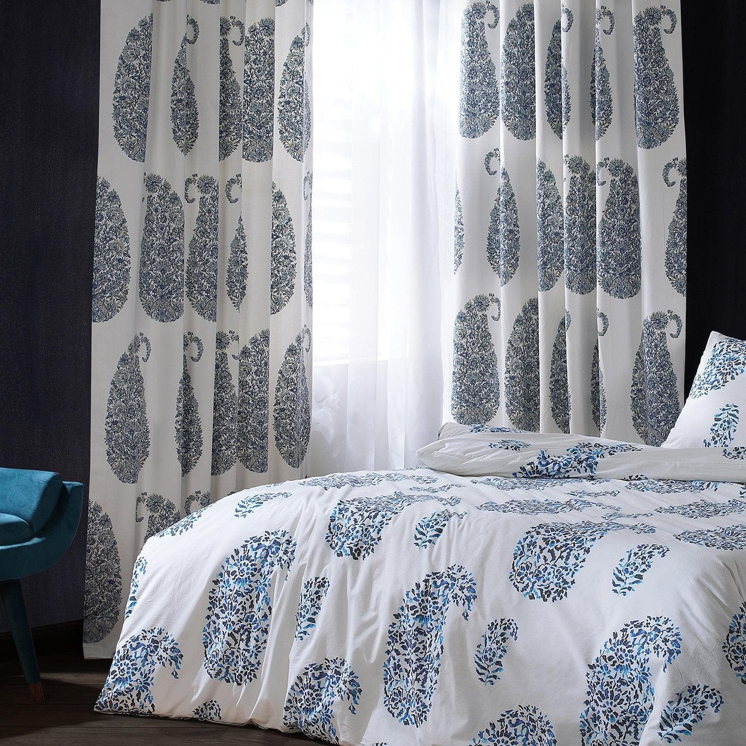 Custom Blue Paisley Printed Cotton Curtains for Living Room & Bedroom - Paisley Park Design Home Decor