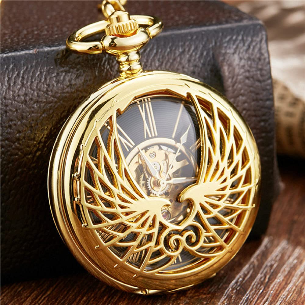 UIOXAIE Luxury Golden Mechanical Pocket Watch - Wing Love Design, Skeleton Hollow, Hand Wind, Double Side View, with Fob Chain - Perfect for Vintage Collectors, Wedding Gifts & Steampunk Fashion