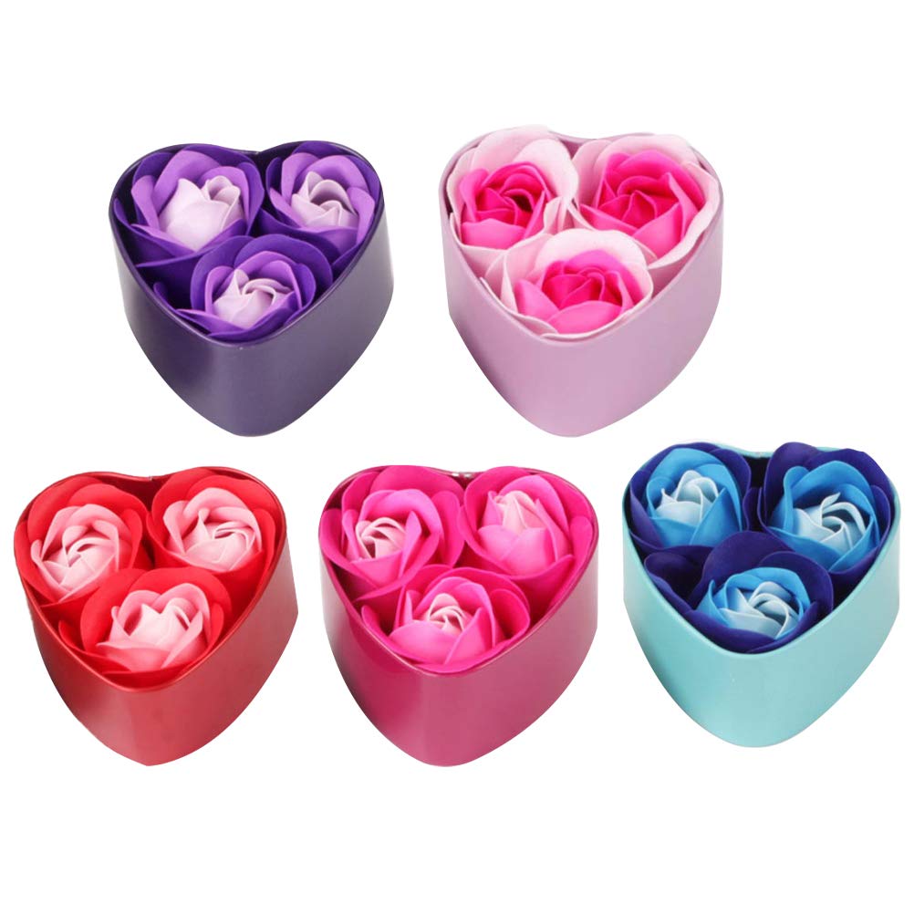 VALICLUD 5pcs Rose Soap Flowers Gift Set - Heart-Shaped Box with Artificial Roses for Valentine's Day, Anniversary, Birthday - Romantic Present for Girlfriend, Wife (Red, Pink, Blue, Purple) - Perfect for Wedding Favors, Bridal Shower, Mother's Day & Romantic Surprises