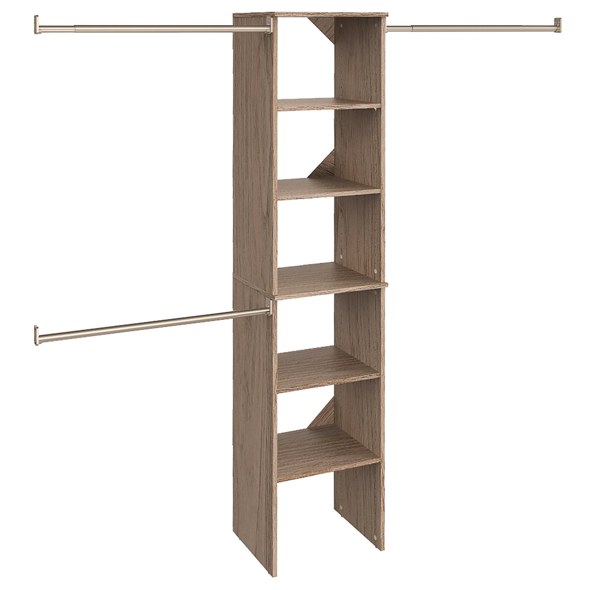 ClosetMaid SuiteSymphony Wood Closet Organizer Starter Kit with Tower & 3 Hanging Rods - Adjustable Shelves for 4-9 ft Wide Spaces - Natural Gray (16