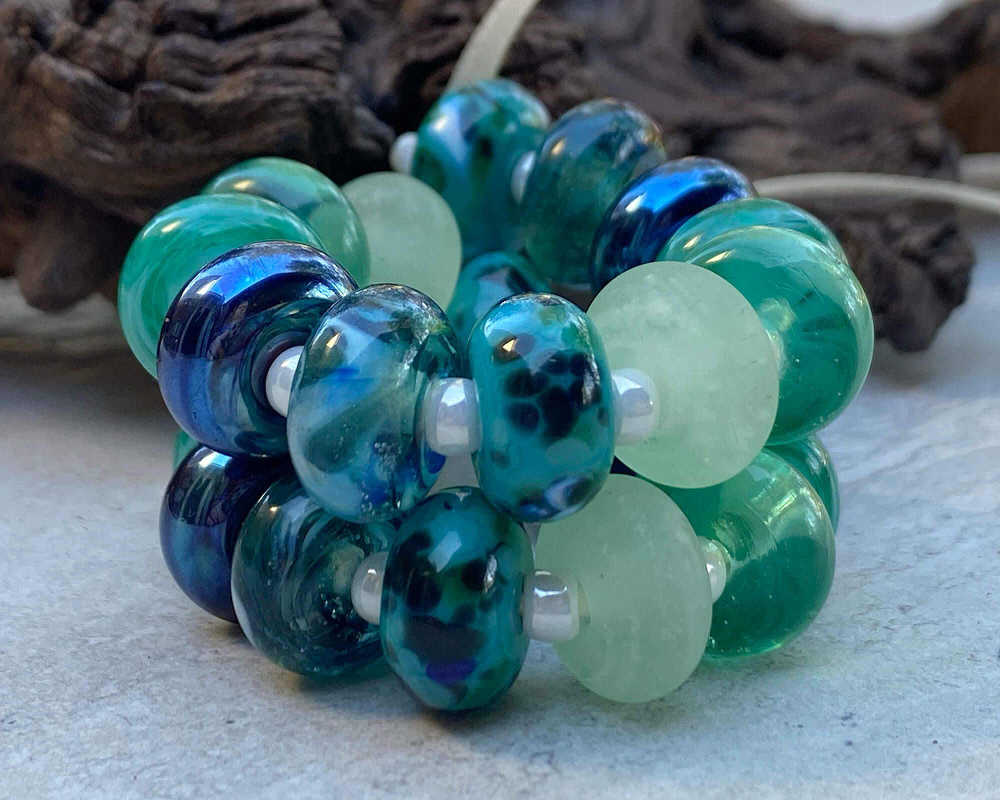 Handmade Elegant Teal Green Swirls Lampwork Glass Beads Set for Jewelry Making - Perfect for Necklaces, Bracelets, and DIY Craft Projects
