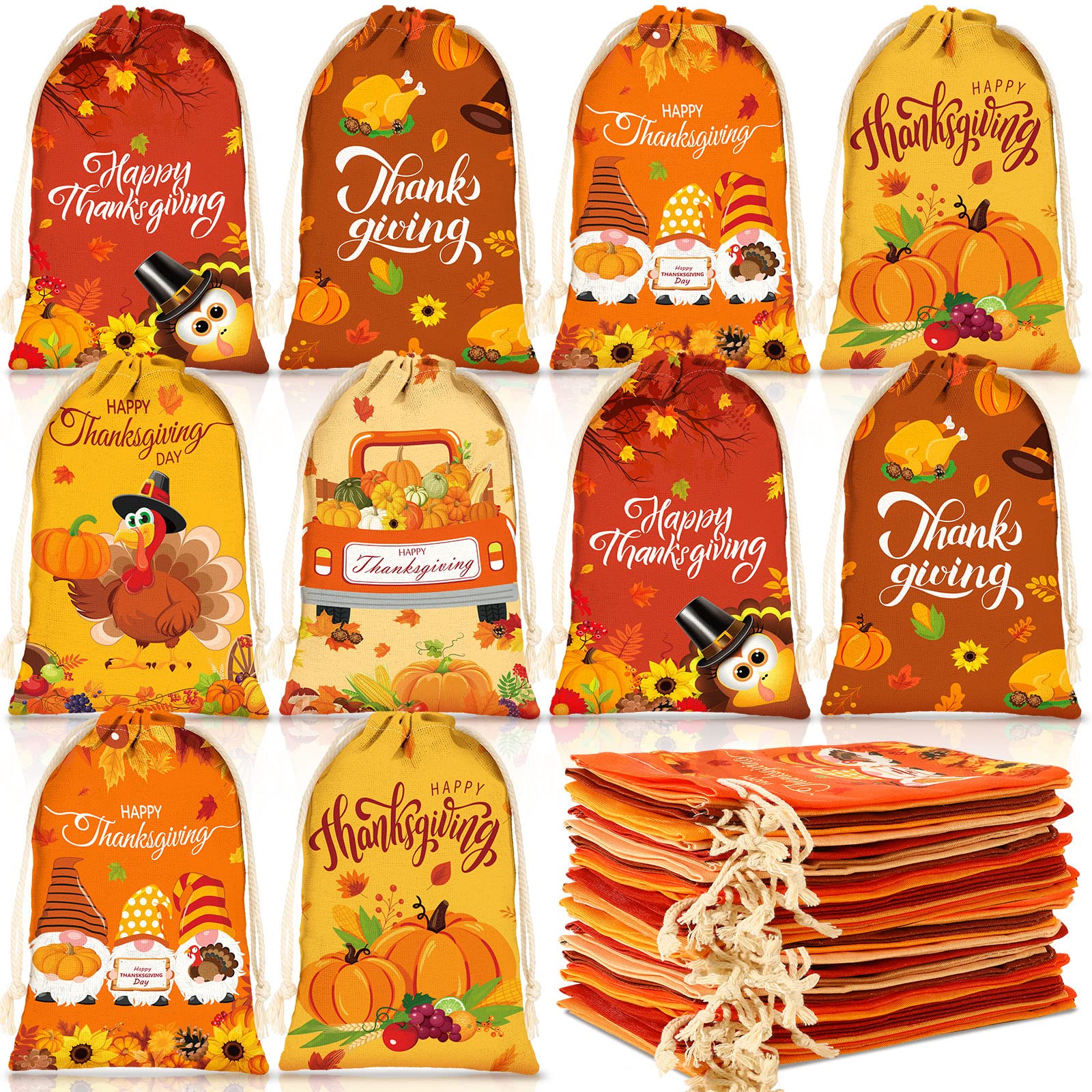 24 Pcs Thanksgiving Gift Bags with Drawstring - 4x6 Inch Canvas Party Favor Pouches for Candy, Treats & Goodies - Perfect for Thanksgiving Parties, Birthday Celebrations & Autumn Festivities - Reusable Small Bags for Holiday Gifts, Classroom Rewards & Party Favors
