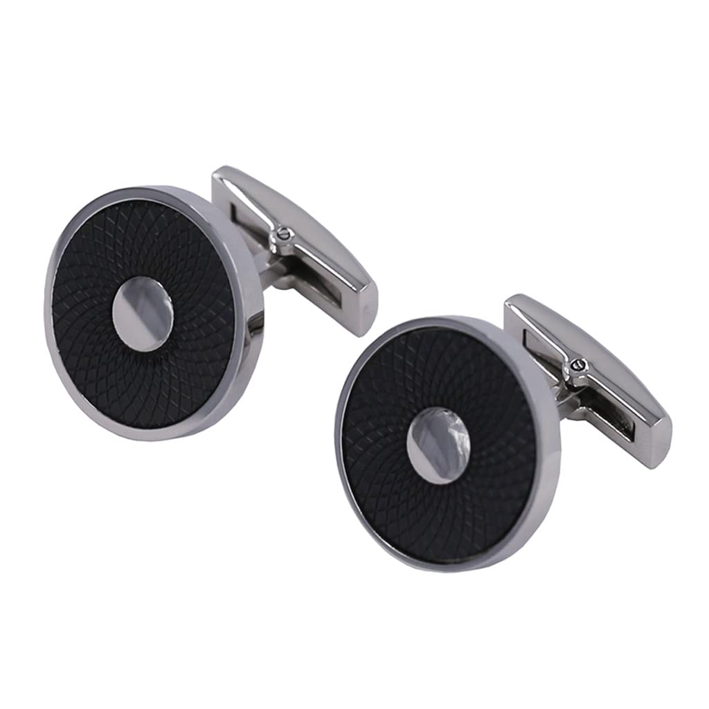 Premium Black Round Steel Cufflinks for Men - Textured Dress Shirt Buttons, Business Formal Accessories & Gifts (One Size) - Perfect for Weddings, Office Wear & Special Occasions