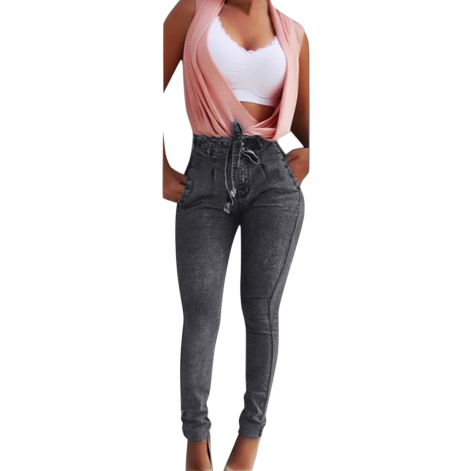 Stylish High Waist Skinny Jeans for Tall Women - Plus Size Stretch Denim Pants with Tassel Waistband | Perfect for Casual Outfits, Date Nights & Office Wear