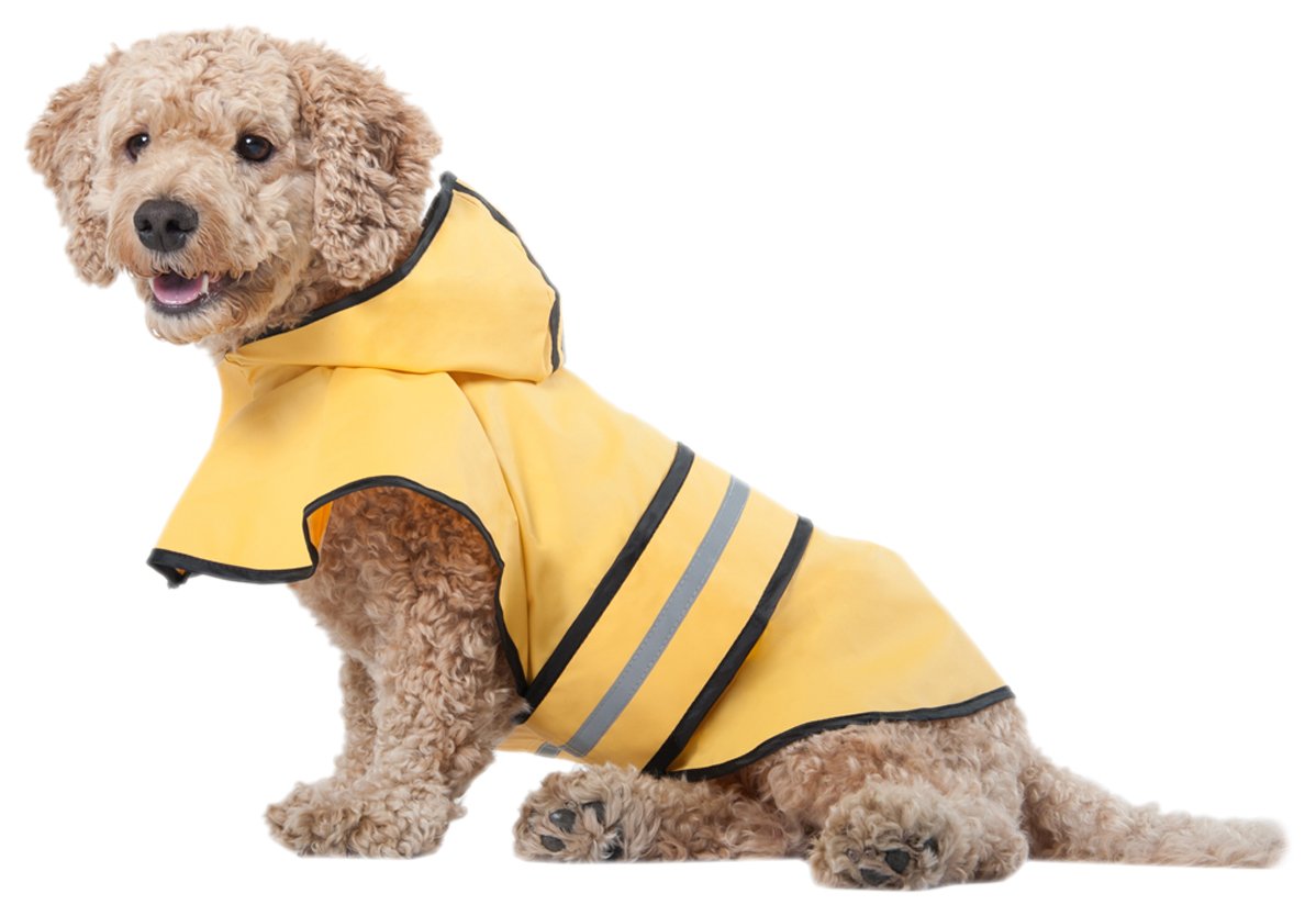 Waterproof Dog Raincoat for Medium Dogs - Hooded Pet Rain Jacket & Poncho | 100% Polyester Reflective Rain Gear | Yellow with Grey Safety Stripes | Perfect for Walking in Rainy Weather & Outdoor Adventures