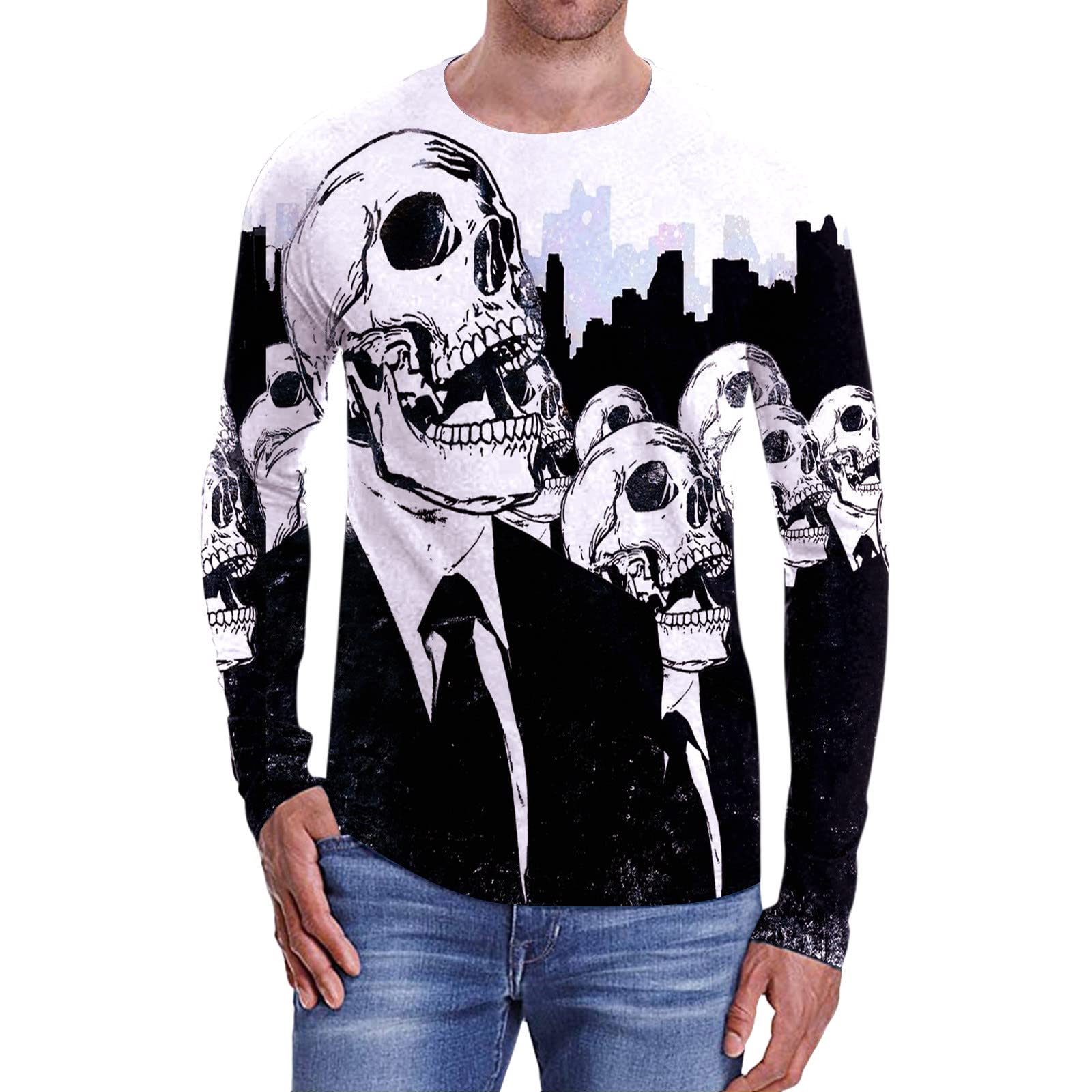 RTPR Men's Casual Long Sleeve Crew Neck T-Shirt with 3D Digital Print - Fashionable Plain Top for Everyday Wear & Halloween Costumes
