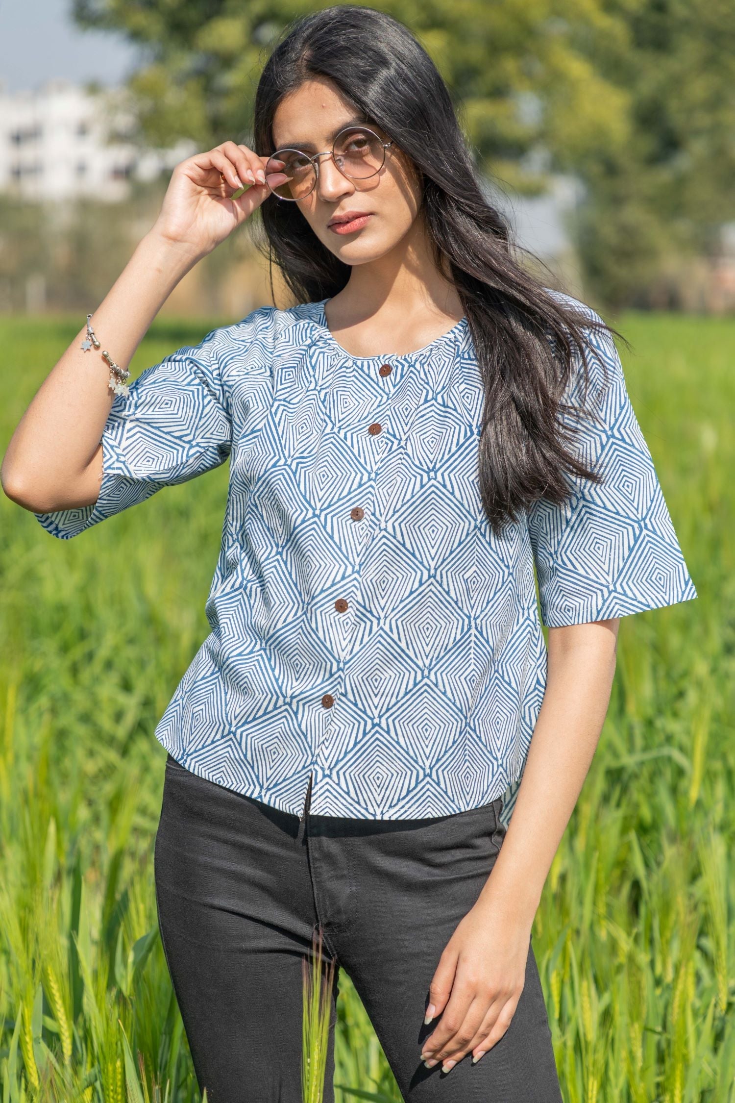 Sootisyahi 'Breezy Mint' Azofree Handblock Printed Pure Cotton Crop Top - Breathable Summer Women's Fashion for Casual Wear & Beach Outfits