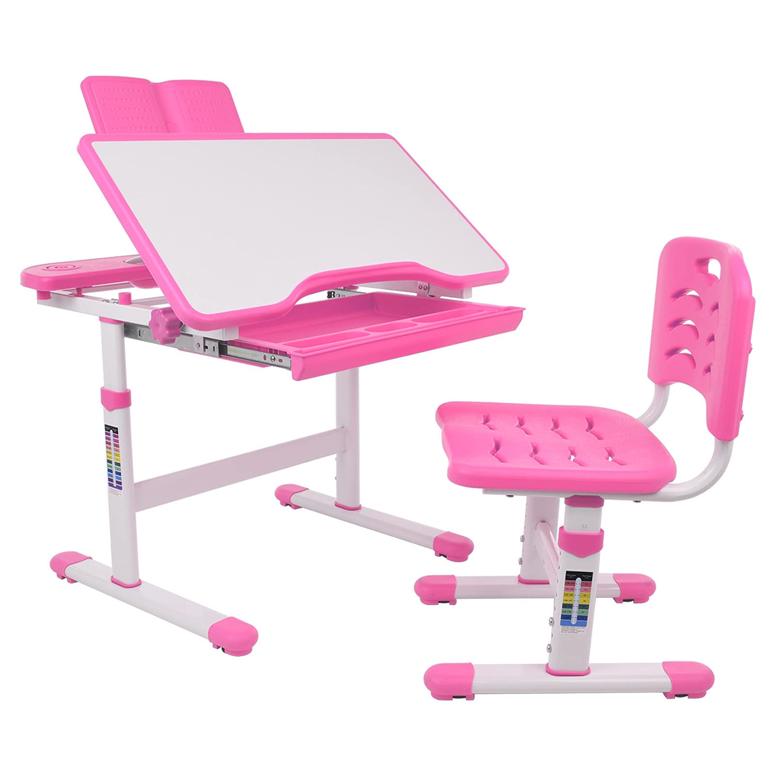 Adjustable Kids Study Desk and Chair Set with Tilting Desktop & Pull-Out Drawer - Ergonomic Writing Craft Table for Children's Bedroom, Classroom & Homeschool Learning (Pink, One Size) - Perfect for Homework, Drawing & Creative Activities