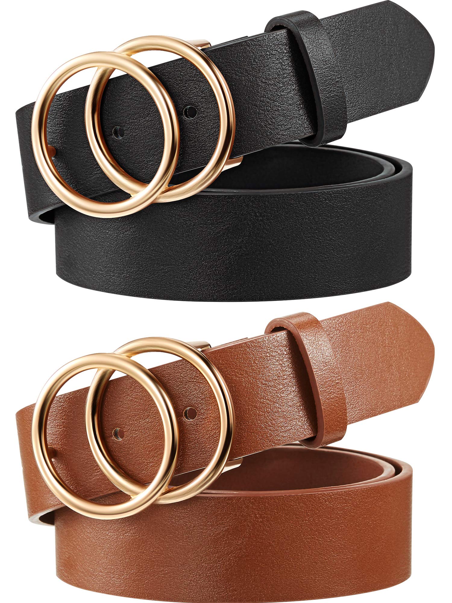 Syhood 2 Pack Women's Leather Belts - Gold Double Ring Buckle Fashion Belts for Jeans & Dresses (Brown & Black) | Perfect for Casual Outfits, Office Wear & Date Night