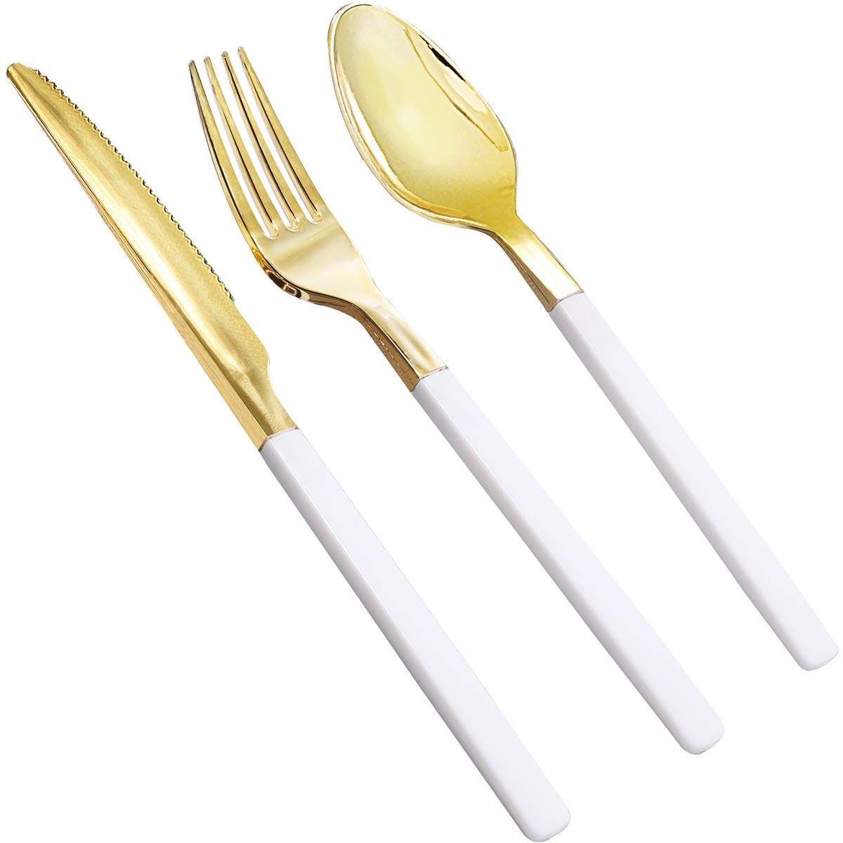 150-Piece Gold Plastic Silverware Set - Disposable Forks, Knives, Spoons with White Handles (50 Each) - Elegant Party Supplies for Weddings, Catering & Home Entertaining