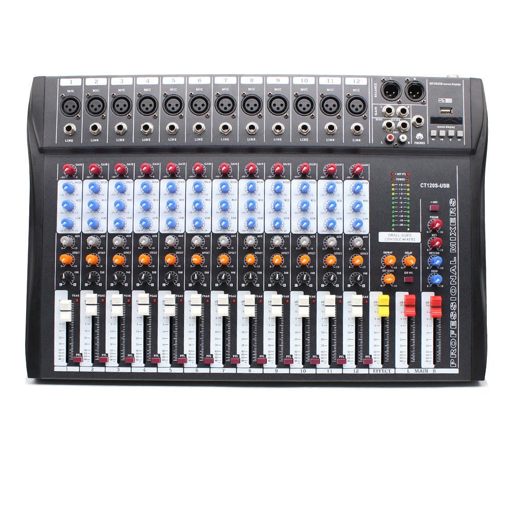 12-Channel Professional Audio Mixer with USB & 48V Phantom Power - Studio Sound Board for Live Performances, Podcasting & Music Production - CT120S-USB Mixing Console System