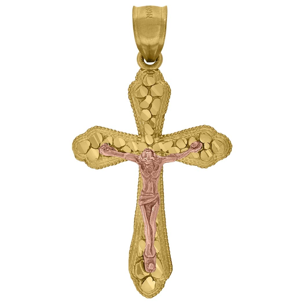 10K Two-Tone Gold Nugget Textured Crucifix Cross Pendant Necklace for Men & Women - 40.1mm Religious Jewelry Gift - Perfect for Baptism, Confirmation & Spiritual Occasions