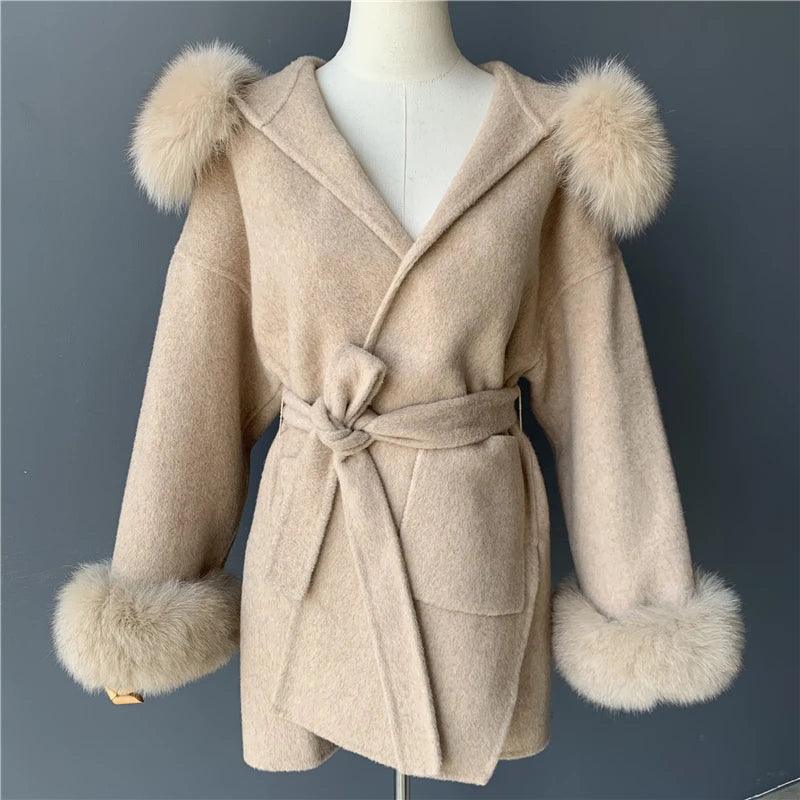 Luxury Women's Winter Coat with Real Fox Fur Hood & Cuffs - 100% Natural Fur, Cashmere Wool Blend, Oversized Loose Fit Jacket for Cold Weather - Perfect for Snowy Days, Outdoor Activities & Fashionable Winter Outfits