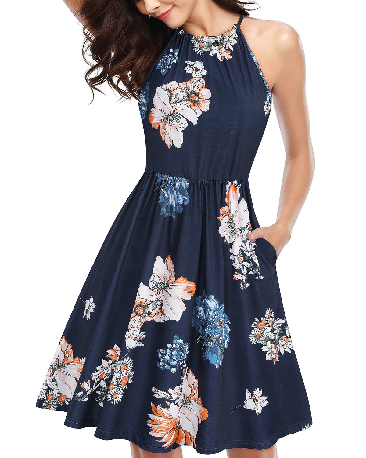 KILIG Women's Halter Neck Sundress - Sleeveless Summer Beach Dress with Pockets | Casual Flowy Dress for Vacation, Pool Party & Outdoor Activities