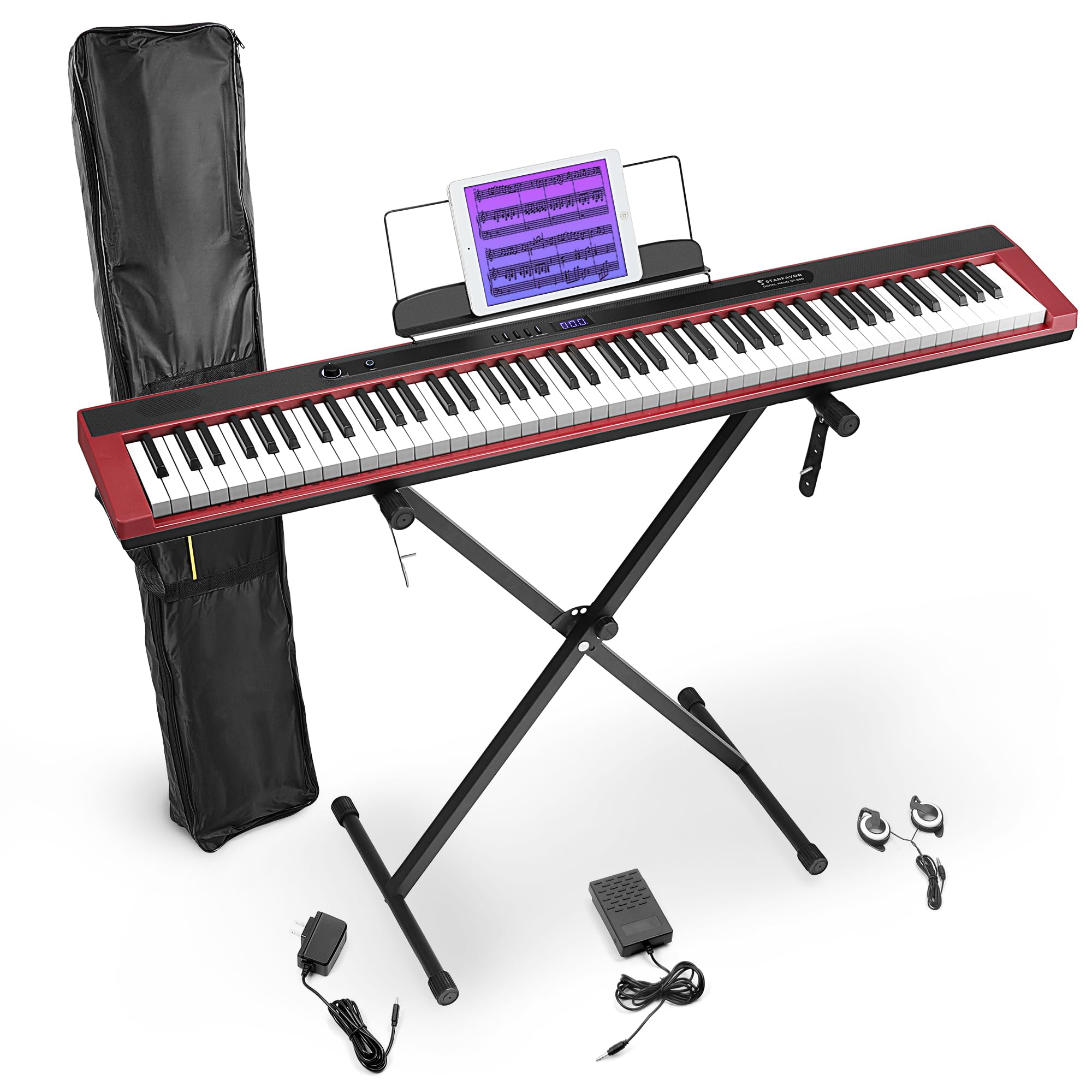 Starfavor 88 Key Digital Piano - Semi-Weighted Keyboard with Bluetooth, Stand, Pedal & Carrying Bag - Perfect for Beginners, Home Practice & Live Performances (Red)