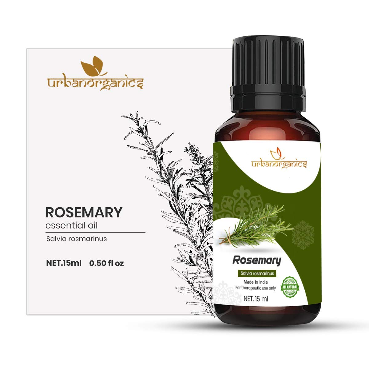 Urbanorganics Rosemary Essential Oil 100% Pure & Natural - For Face, Skin & Hair Care - Aromatherapy, Massage & DIY Beauty (15ml/0.5oz)