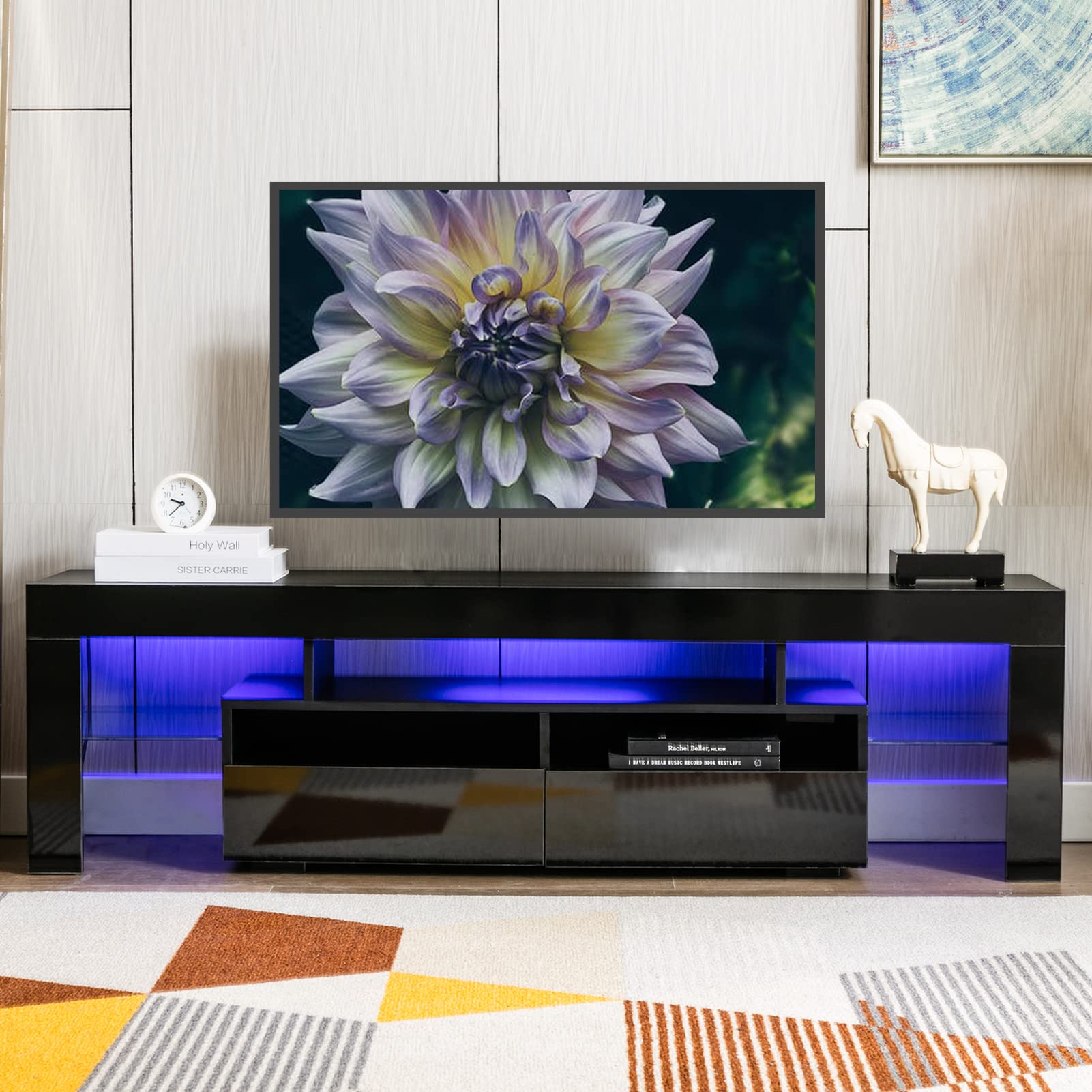 HAKFOO 63 Inch Modern TV Stand for 65 Inch TVs - High Glossy Entertainment Center with 2 Storage Drawers, 20 Color RGB LED Lighting - Black TV Cabinet for Living Room, Bedroom & Home Theater Setup
