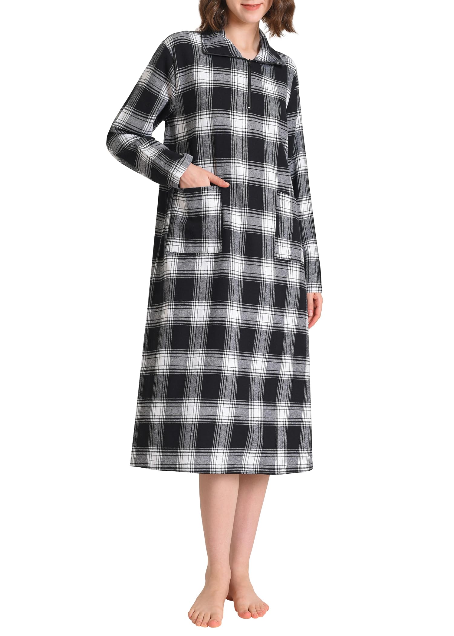 Women's Soft Cotton Flannel Nightgown - Long Sleeve Midi Sleepwear for Winter, Cozy Loungewear for Home & Travel