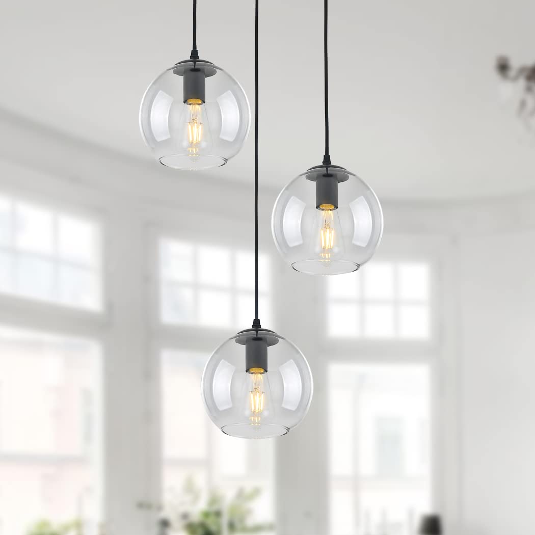 3-Light Mid Century Modern Industrial Chandelier - Clear Glass Shade Pendant Lighting for Farmhouse Kitchen, Dining Room & Living Room | Vintage Ceiling Fixture with Adjustable Hanging Height