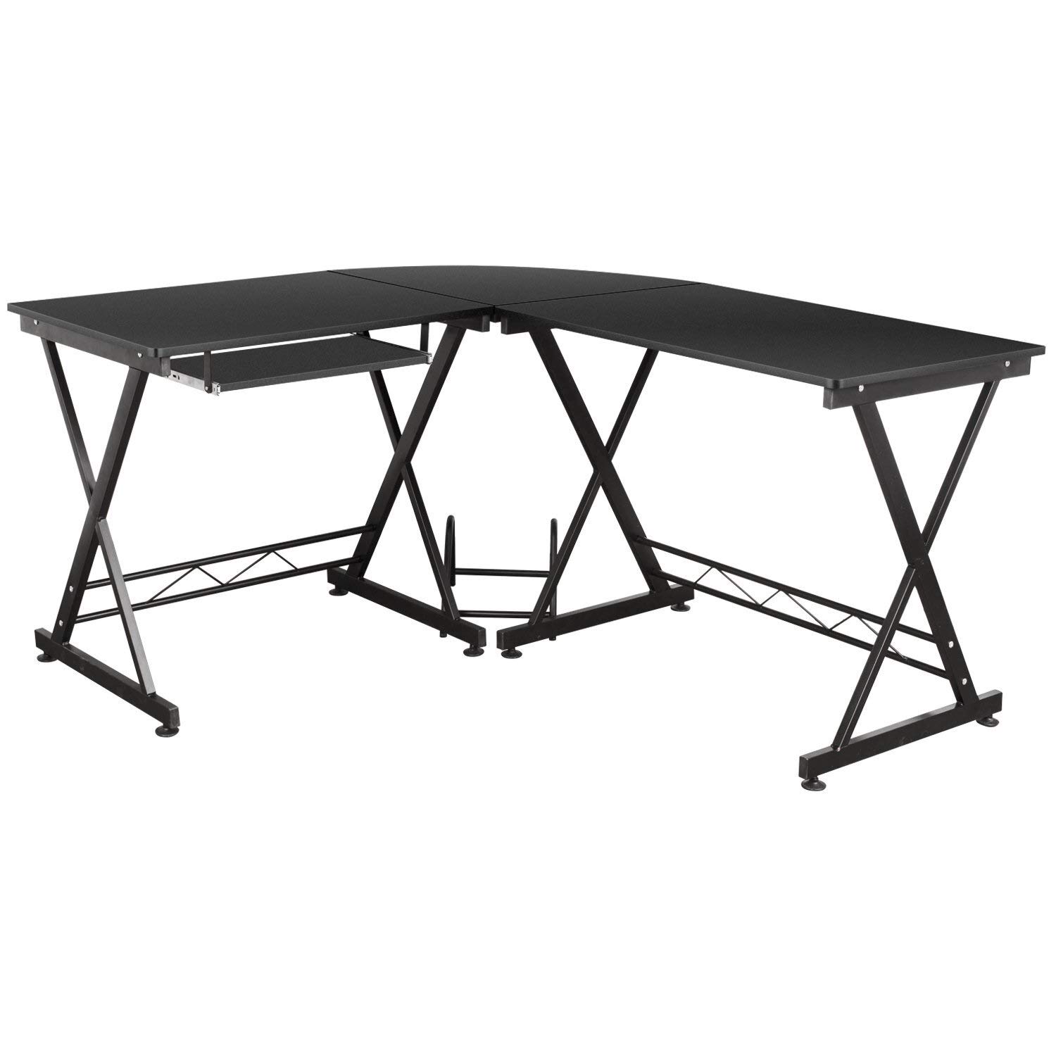 L-Shaped Corner Computer Desk with Pull-Out Keyboard Tray - 143x131x75cm Black Home Office Desk for PC, Laptop & Gaming Workstation - Perfect for Small Spaces & Ergonomic Workspaces
