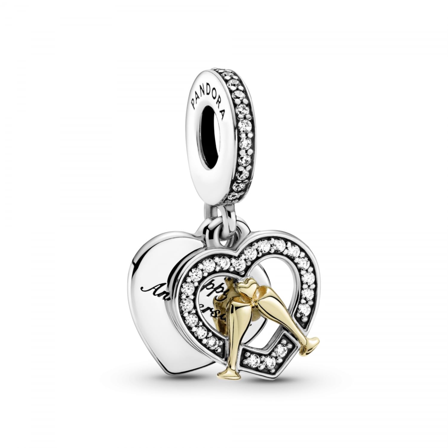 Pandora Two-Tone Happy Anniversary Dangle Charm - Sterling Silver & Gold Jewelry with Cubic Zirconia - Compatible with Moments Bracelets - Elegant Gift for Women - Perfect for Anniversaries, Birthdays & Special Occasions
