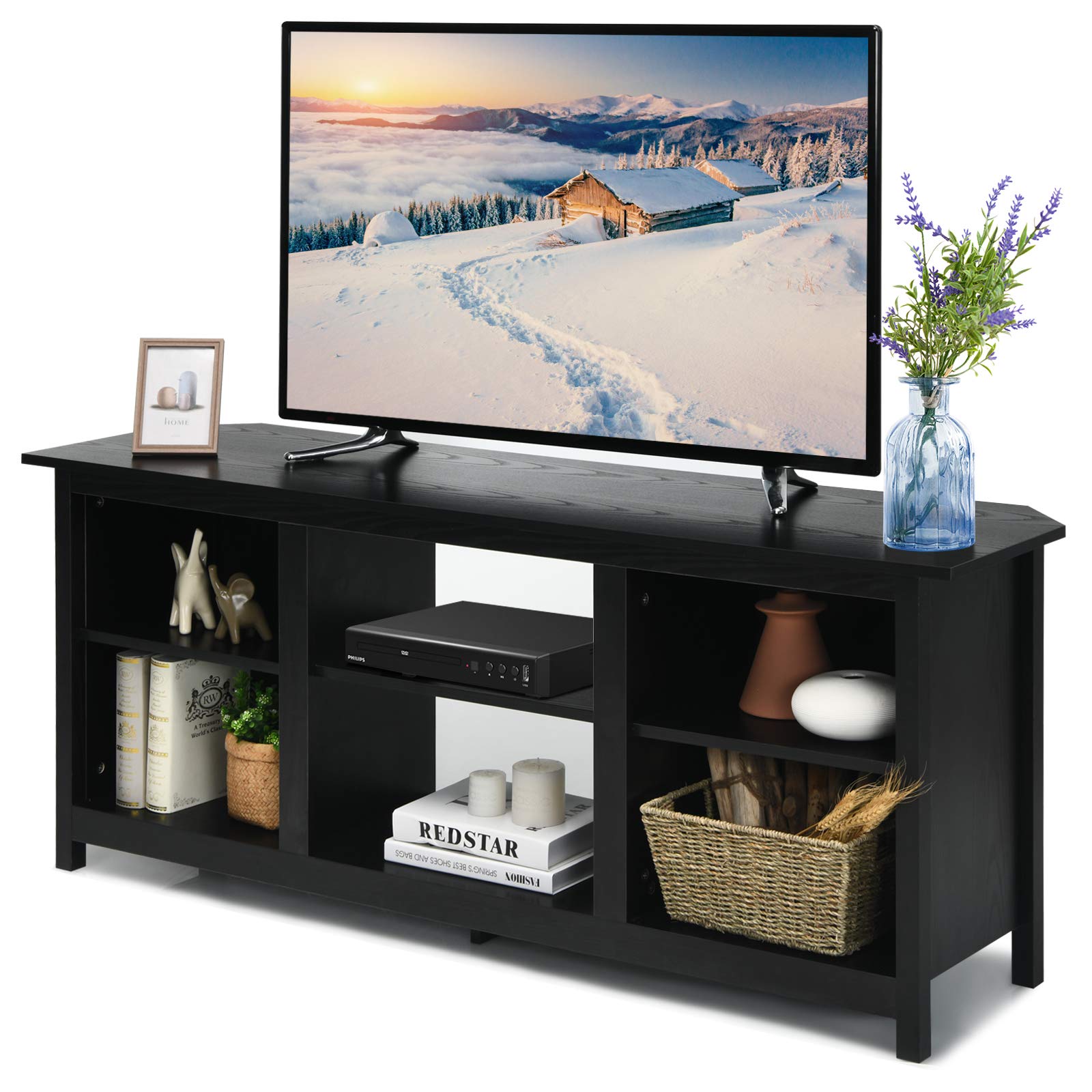 Tangkula Farmhouse Universal TV Stand for 65 Inch Flat Screen TVs - Rustic Entertainment Center with 4 Open Shelves, TV Console Table for Living Room - Perfect for 18 Inch Electric Fireplace (Not Included), Black - Ideal for Home Theater Setup & Cozy Living Spaces