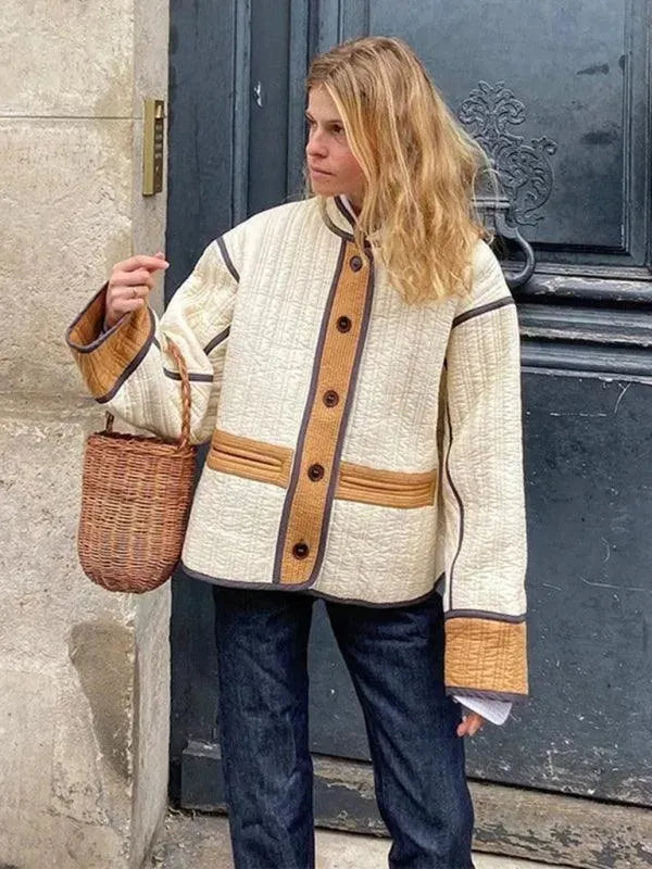 Stylish Patchwork Quilted Coat for Women - Fashionable Winter Outerwear for Casual and Outdoor Activities
