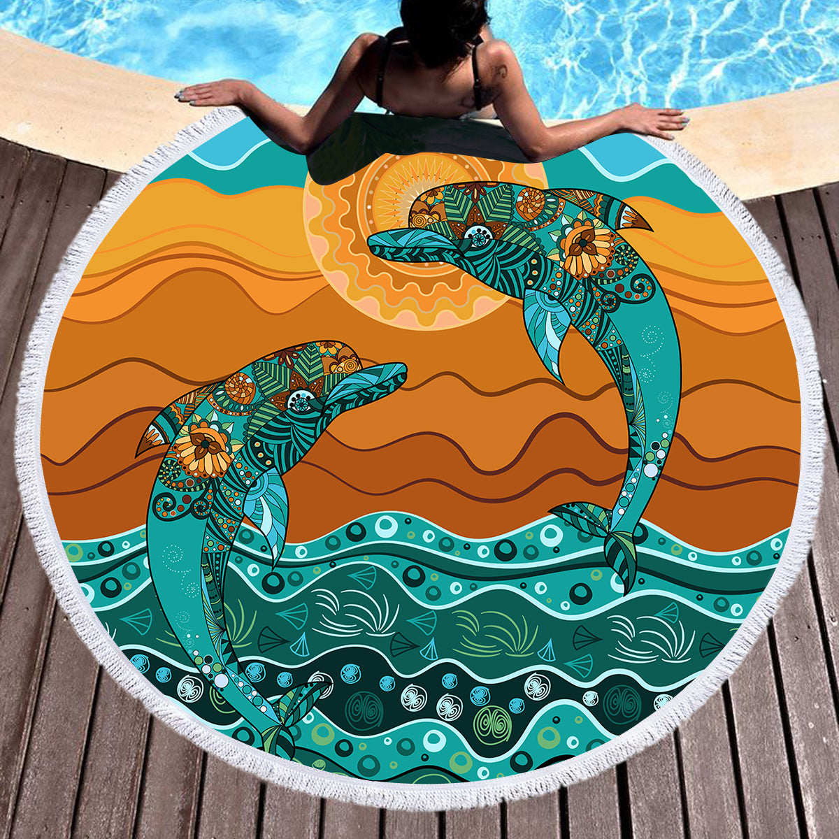 Dancing Dolphins Beach Towel with Backpack - Soft, Absorbent & Lightweight for Swimming, Travel, and Outdoor Adventures