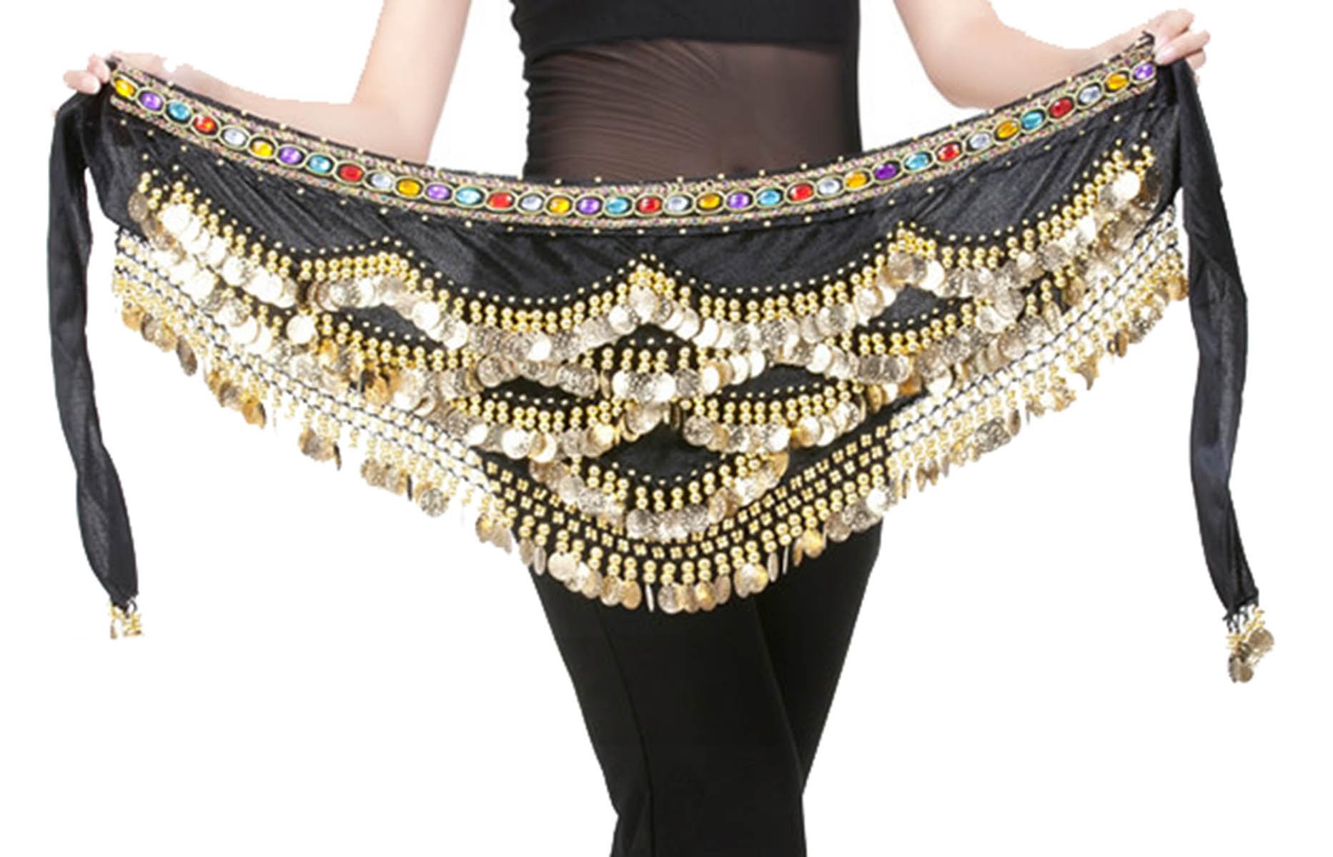 Gold Coins Belly Dance Hip Scarf - Elegant Belly Dance Costume Skirt Wrap Belt for Performances, Practice, and Parties