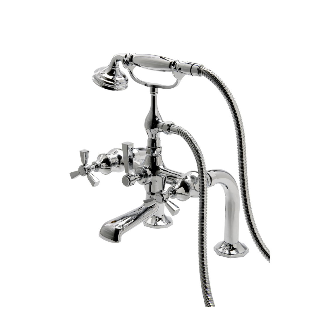 Waterworks Roadster Exposed Deck Mounted Tub Filler with Handshower & Tri-Spoke Handles in Brass - Luxury Bathroom Faucet for Vintage & Modern Bathrooms