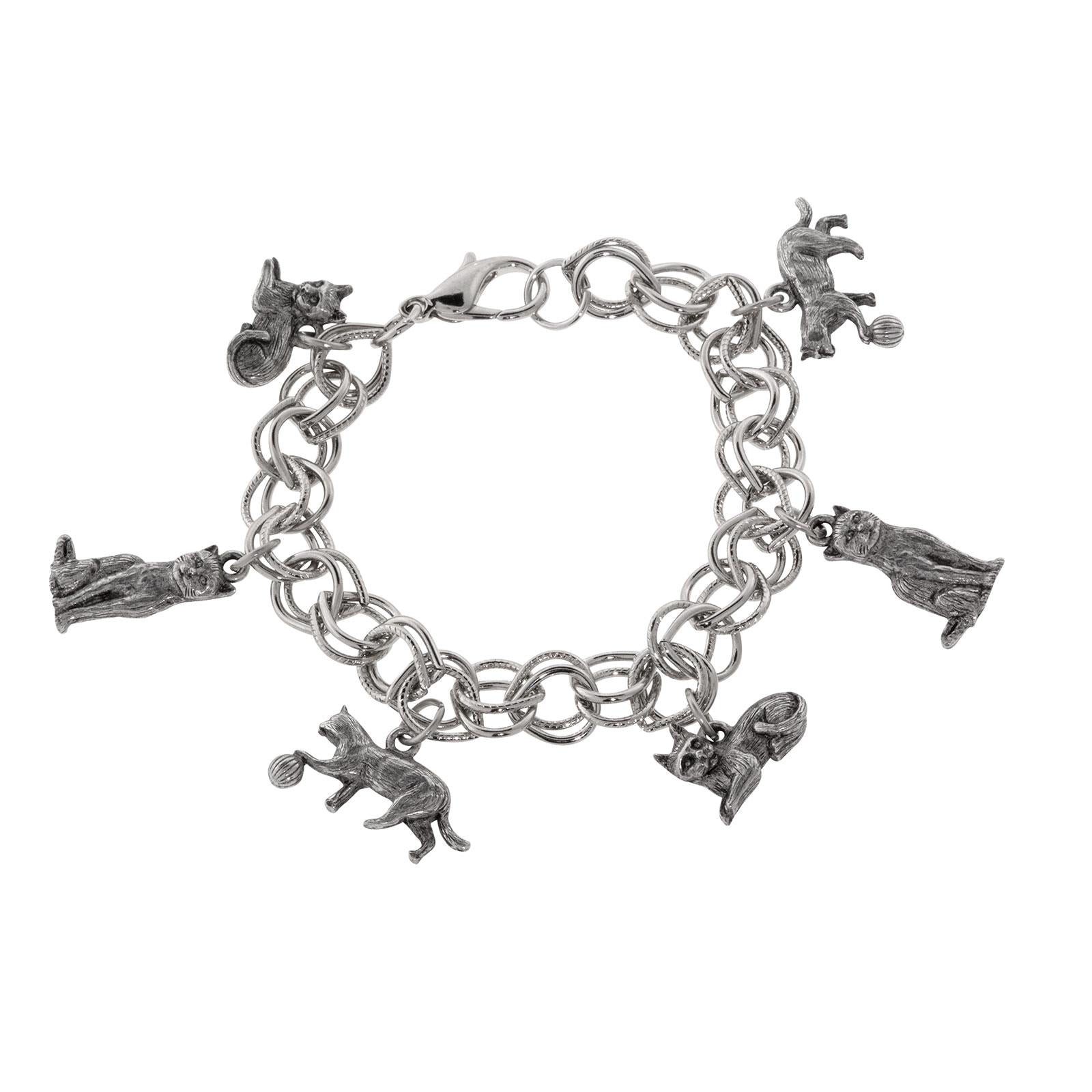 1928 Jewelry Pewter 6 Cat Charm Bracelet - Vintage Style Adjustable Bracelet for Women - Perfect for Casual Wear, Gifts & Cat Lovers