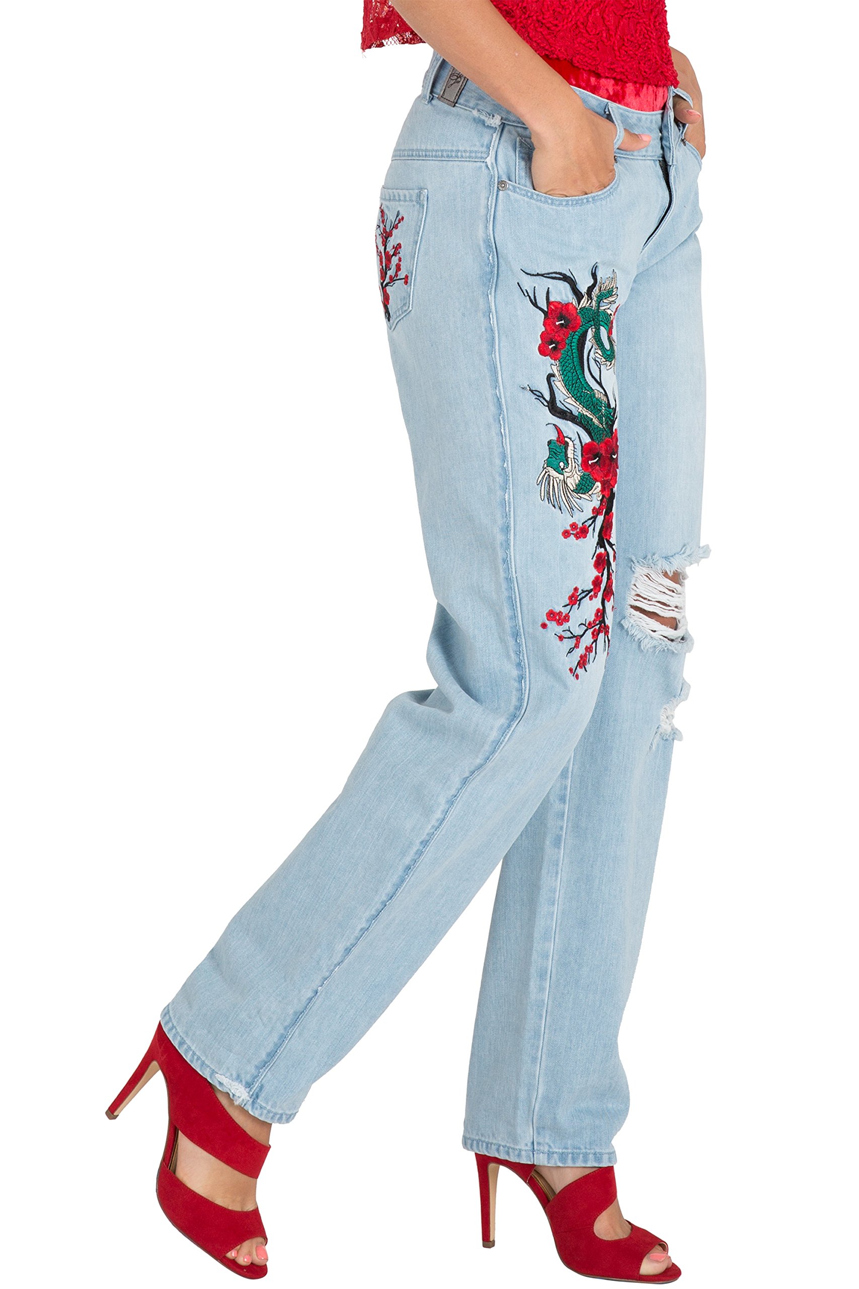 Poetic Justice Women's Curvy Fit Light Wash Dragon Embroidered Mom Jeans - High Waisted Stretch Denim for Casual Wear & Street Style