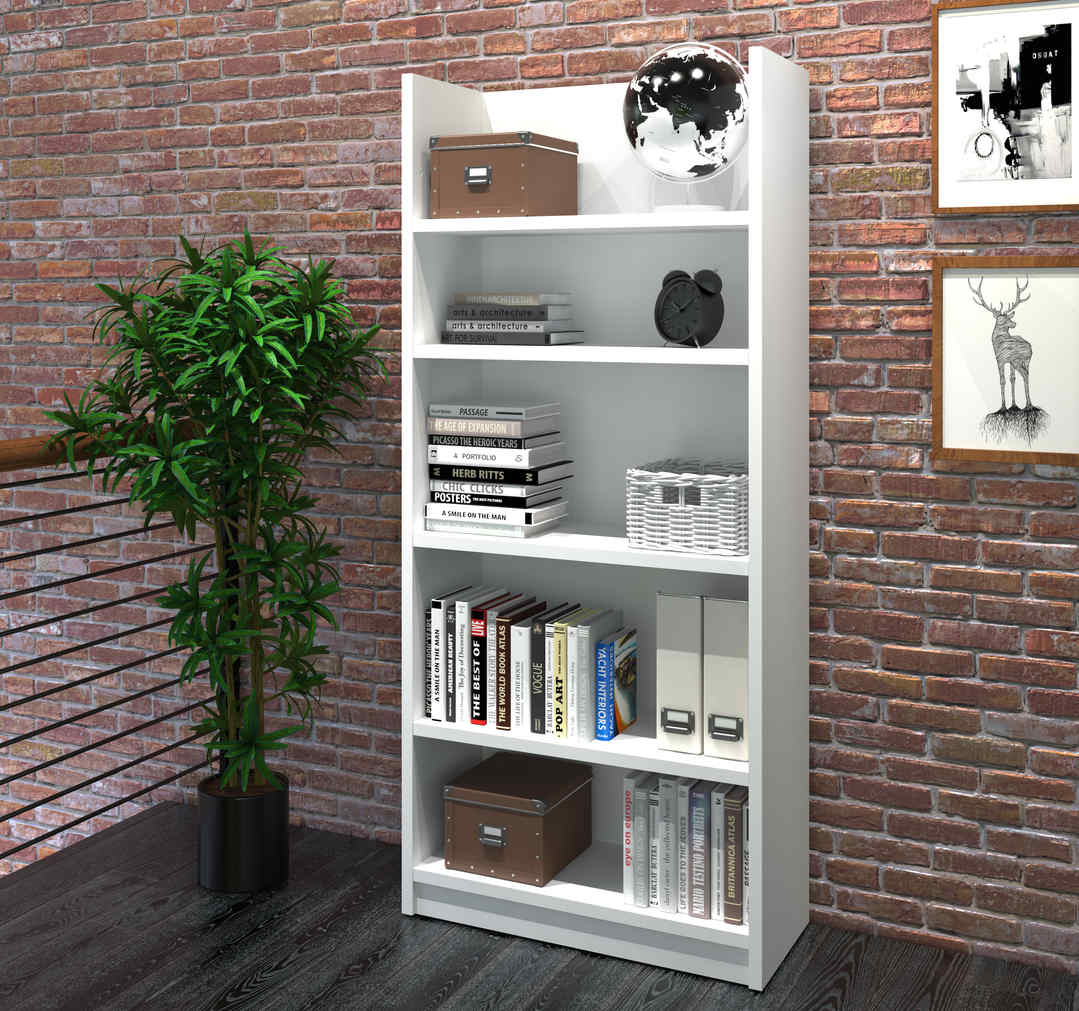 Pro Linea Standard 5 Shelf Bookcase - White Wooden Bookshelf for Home Office, Living Room & Bedroom Storage Organization