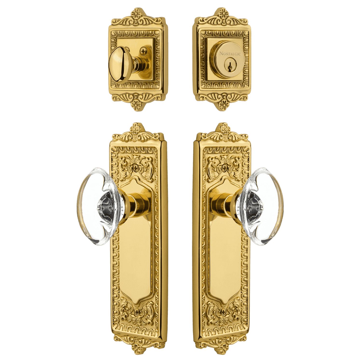Polished Brass Egg & Dart Entry Door Set with Oval Clear Crystal Knob - Elegant Hardware for Traditional & Victorian Style Homes