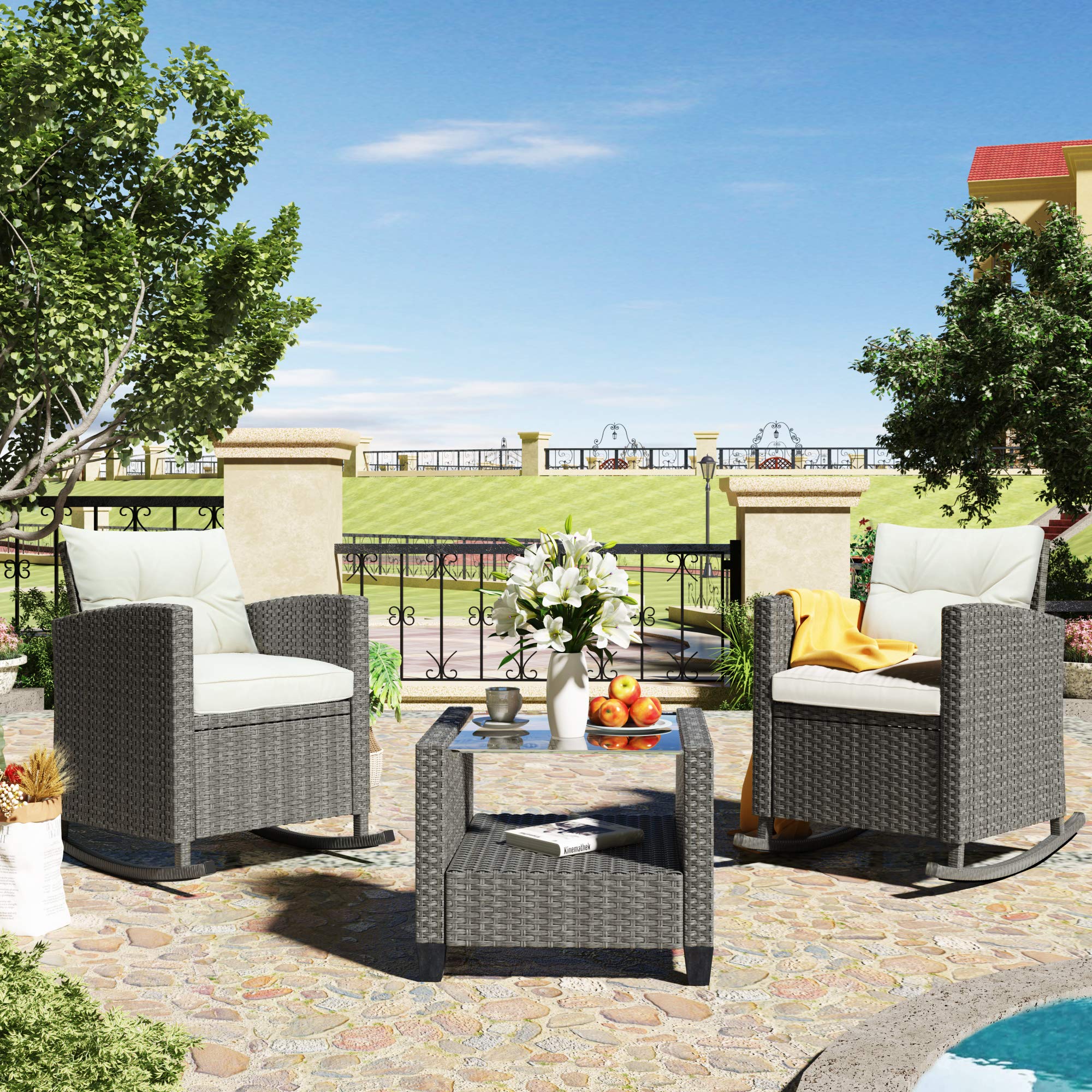 3-Piece Outdoor Patio Furniture Set - Wicker Rocking Armrest Chairs with Cushions & Glass-Top Coffee Table - Modern Beige Garden Set for Small Spaces | Perfect for Backyard, Balcony or Poolside Relaxation