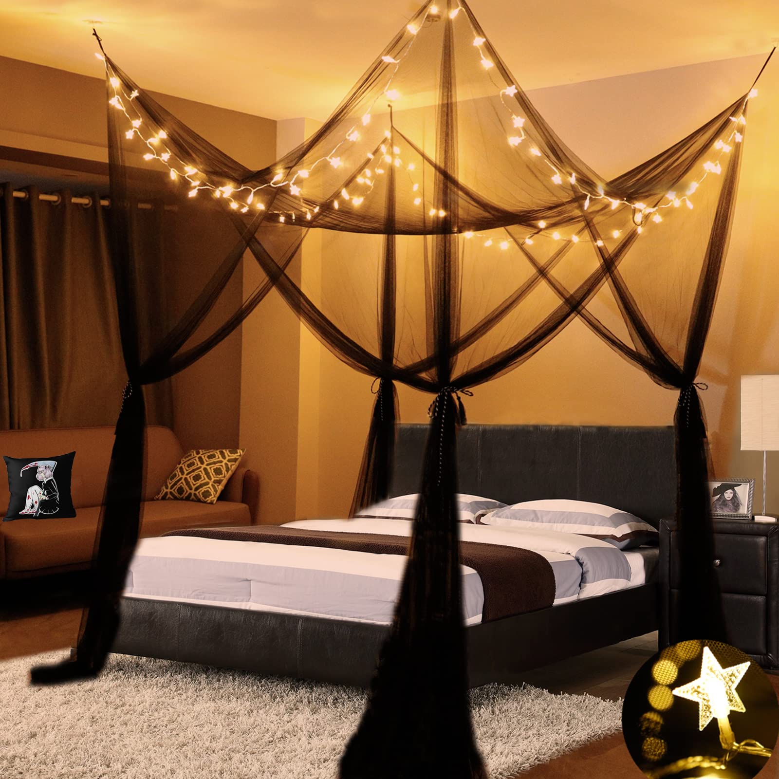 Black Bed Canopy with 100 LED Star String Lights - Elegant Princess Bed Curtain for Girls, Battery Operated Canopy for Gothic Rooms (Twin to King Size) - Perfect for Bedroom Decor, Halloween Party & Romantic Night Ambience