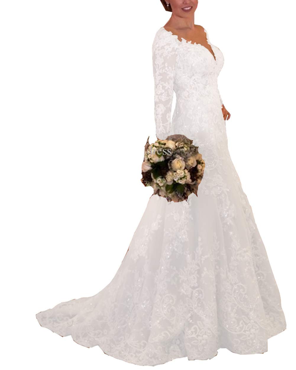 Elegant Mermaid Wedding Dress for Women - Long Lace Bridal Gown with Train | Perfect for Beach, Church, and Formal Wedding Ceremonies