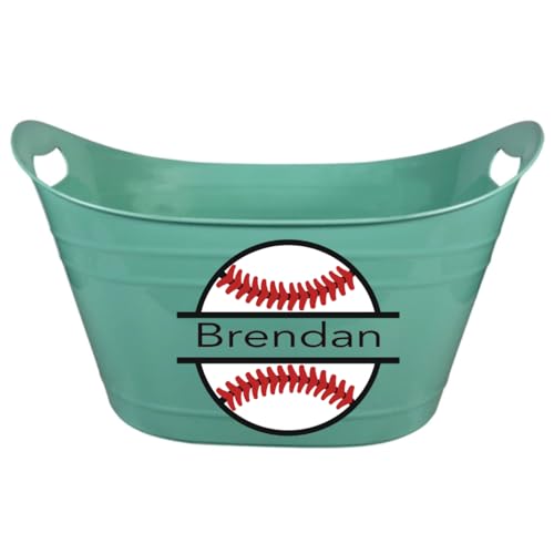 Custom Personalized Easter Baskets for Kids - Engraved Baseball Sports Bucket with Name - Durable Plastic Pail in Aqua Blue - Perfect for Easter Gifts, Birthday Presents & Sports Themed Parties