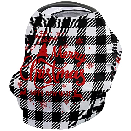 Baby Car Seat Cover for Newborns - Soft Breathable Stretchy Fabric with Adjustable Fit (26x27.6 inch) - Black & White Buffalo Check Plaid Design for Boys & Girls - Perfect for Nursing, Breastfeeding, and Christmas Gifts | Ideal for Car Travel, Stroller Use, and Outdoor Protection