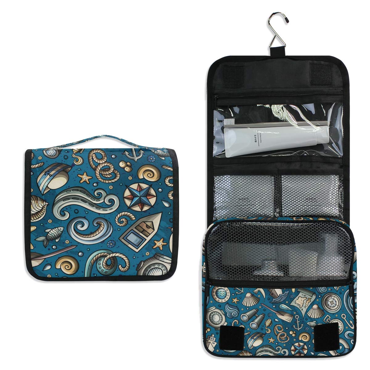 DOMIKING Hanging Travel Toiletry Bag - Waterproof Cosmetic Organizer with Cute Nautical Design, Portable Makeup Pouch for Women & Men - Perfect for Bathroom, Camping, Gym and Vacation Essentials