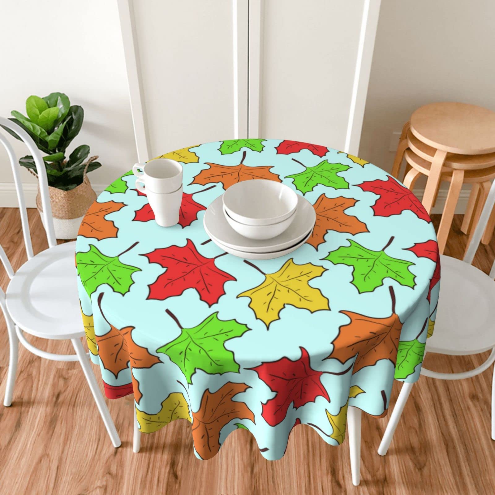 Round Washable Tablecloth with Falling Maple Leaves Design - 60 Inch Reusable Dining Table Cover for Kitchen, Picnic, Party & Garden Decor