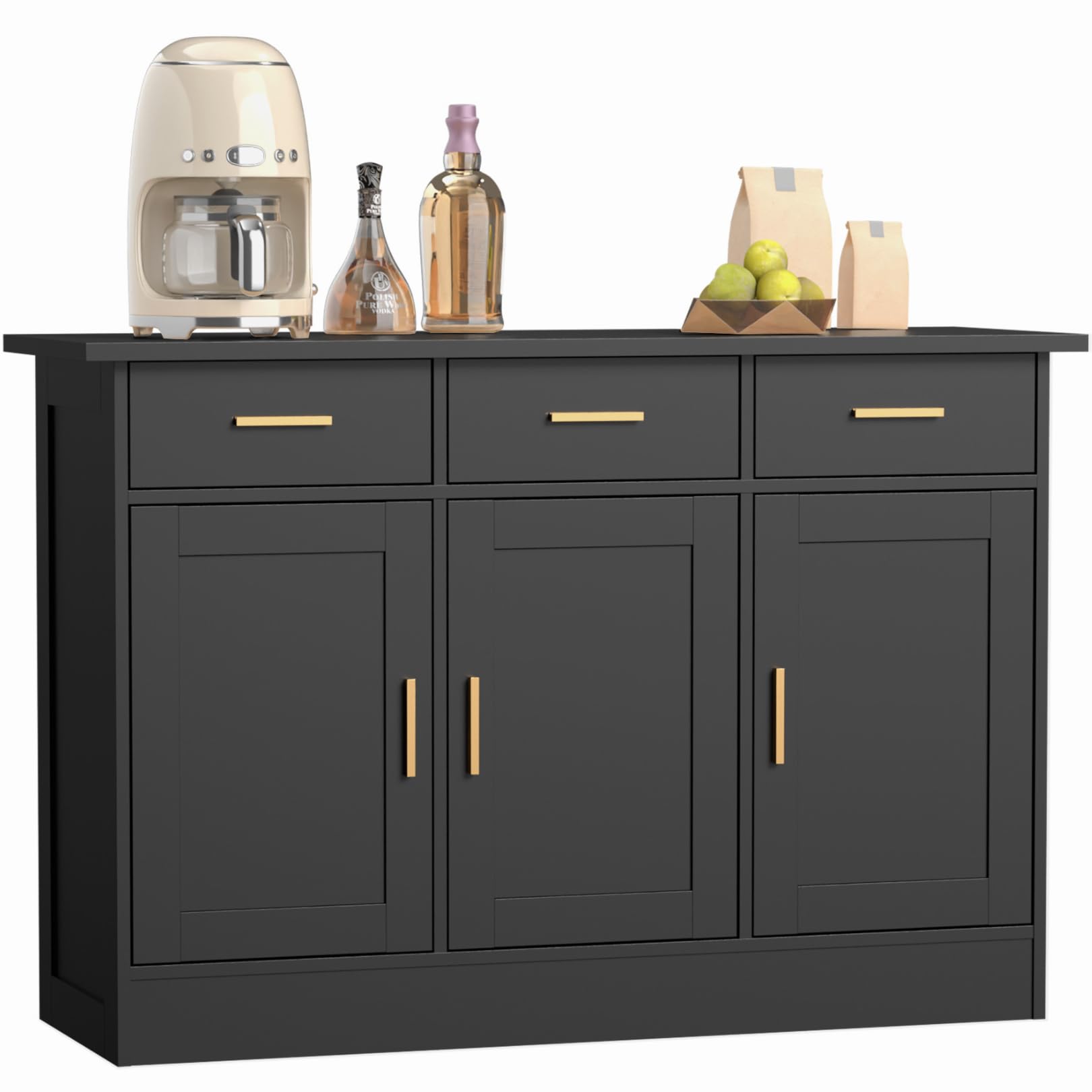 **Black 3-Door Wood Buffet Cabinet with Storage - Sideboard Kitchen Storage, Coffee Bar Console Table for Living Room, Dining Room & Entryway | Large Accent Cabinet with Drawers for Home Decor & Entertaining**
