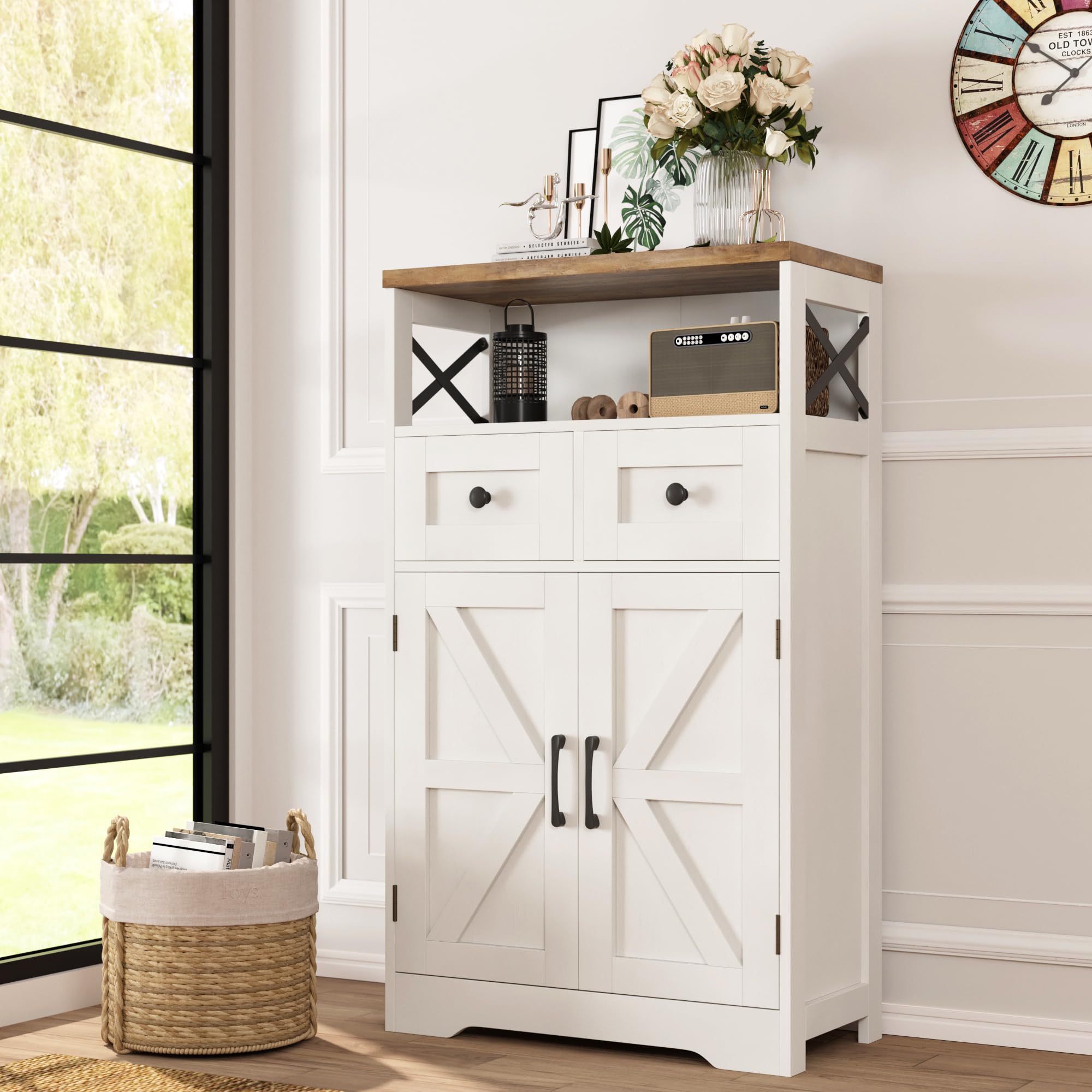 Farmhouse White Storage Cabinet with Doors & Drawers - Freestanding Kitchen Pantry Cabinet, Floor Storage Hutch Cupboard for Kitchen, Laundry, Living Room & Bedroom Organization