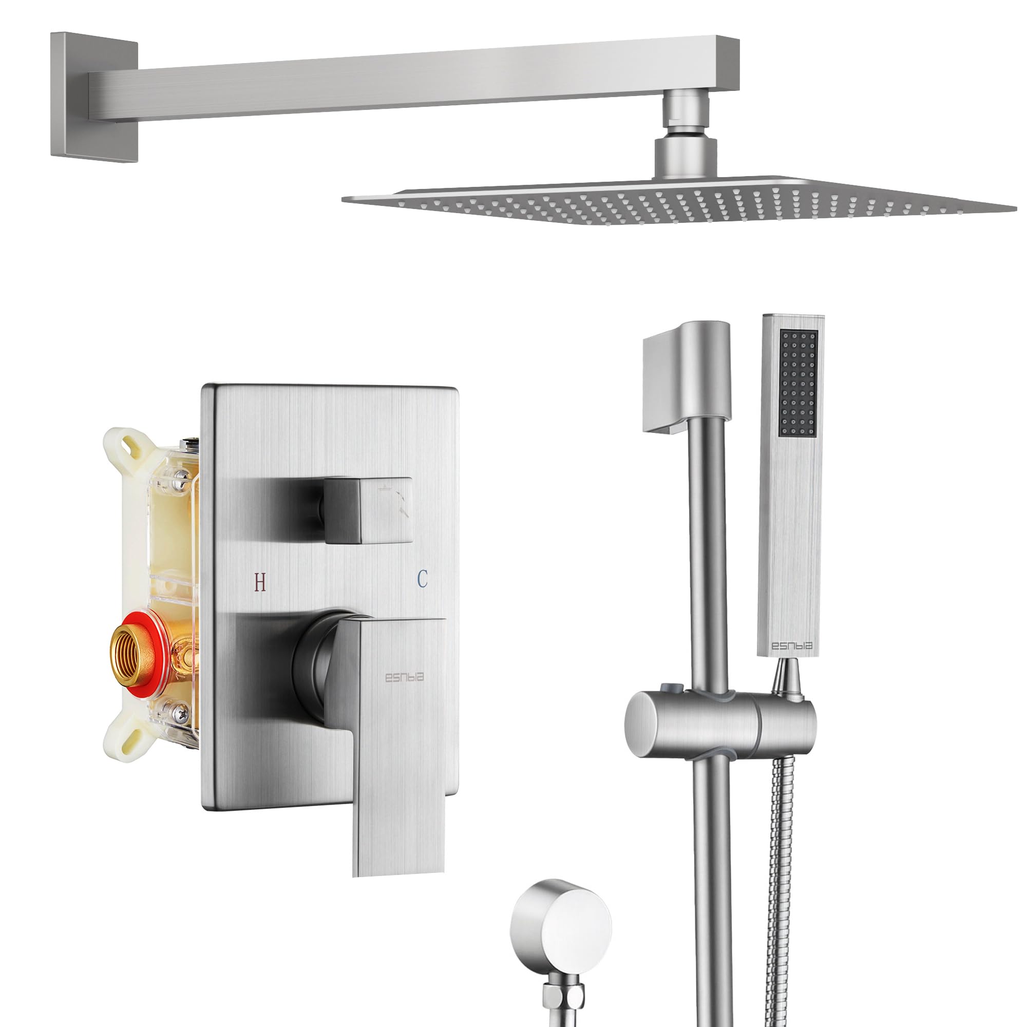 ESNBIA 10 Inch Rain Shower System - Wall Mounted High Pressure Shower Head with Handheld Spray and Slide Bar - Brushed Nickel Finish - Perfect for Bathroom Renovation and Spa-Like Shower Experience